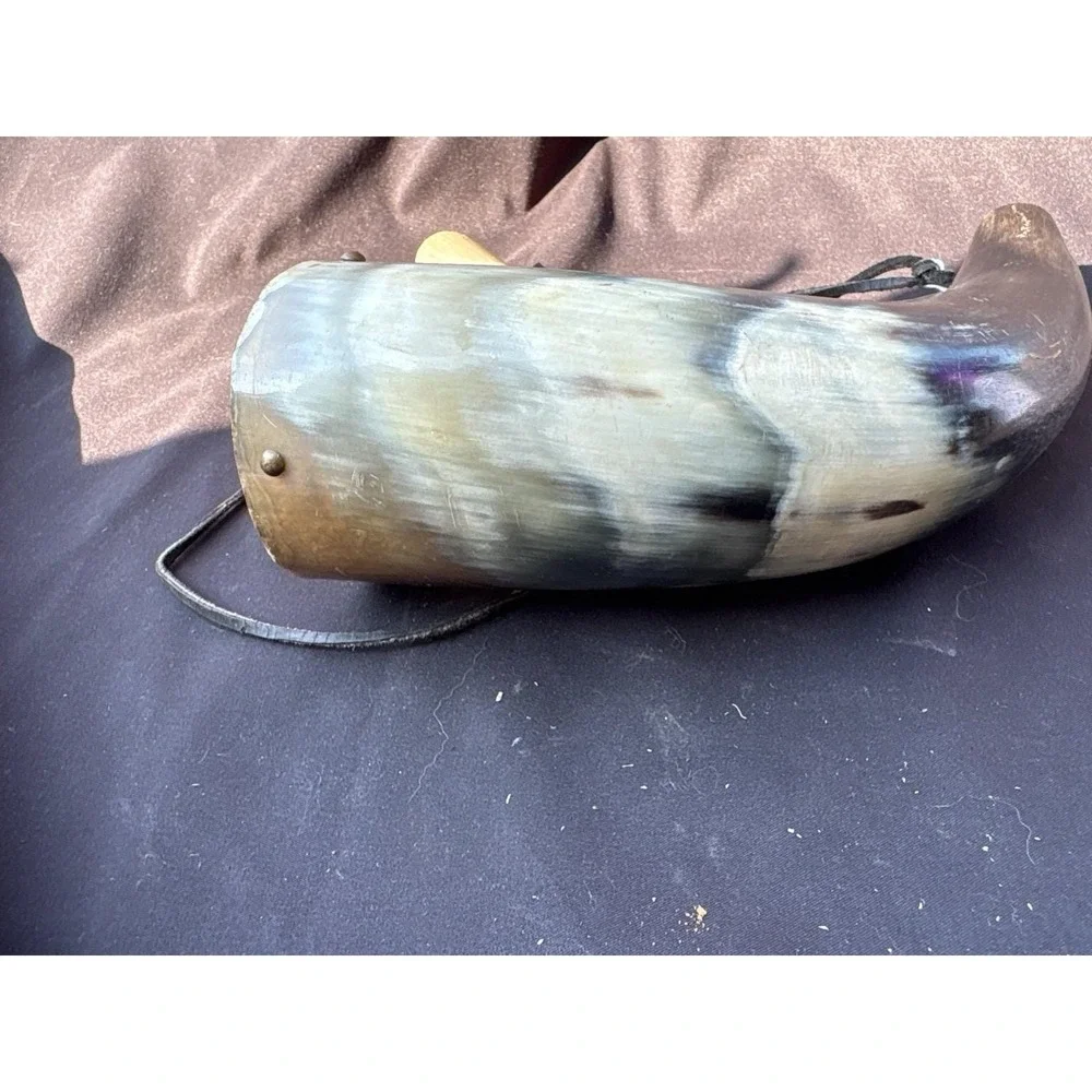 Vintage Black Powder Cow Horn Powder Horn Flask w/ Horn Charger Leather Strap